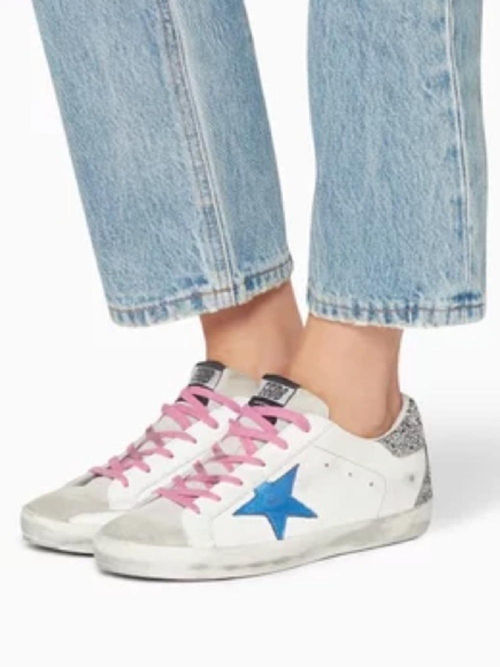 Golden Goose Superstar Sneakers Blue Star Glitter Heel White Leather Size 39 - Picture 15 of 16